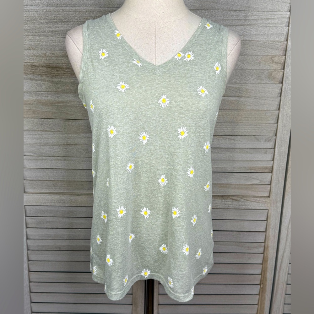 NICOLE MILLER V Neck Daisy Print Tank Top Pale Green-Small